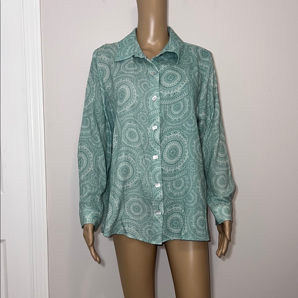 Soft Surroundings Cotton Crinkle Gauze Button Up Blouse Top in Teal Paisley